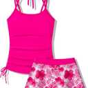 Girls Swimsuit 2 Piece Halterneck Tankini Swimsuits with Printed Skirt Drawstring Bathing Suit, Size 13-14 Years (Pink)
