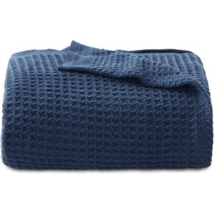 Bedsure Gentlesoft 100% Cotton Large Throw Blanket for Couch 50x70 inches - Breathable and Soft, Waffle Weave Throw Blanket for Office, Navy