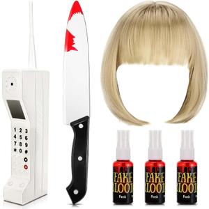 6 Pcs Halloween Horror Costume for Women with Short Blond Wig Retro Brick Phone Model Plastic Knife Fake Blood for Halloween Scary Movie Role Play Party Dress up