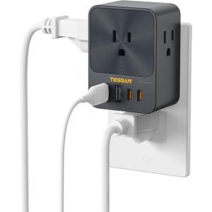 30W Wall Charger, TESSAN Fast Charging Multi Plug Adapter with 3 Outlet Extender Surge Protector, Multiple Plug with 4 USB Block Power Delivery (2 USB C Ports) for Home Office Essentials