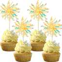 Gyufise 20Pcs Foil Firework Cupcake Toppers Happy Birthday Cake Toppers Tinsel Flower Drink Stirrers Cocktail Food Fruit Toothpicks for Valentine's Day Party Birthday Wedding Supplies Yellow