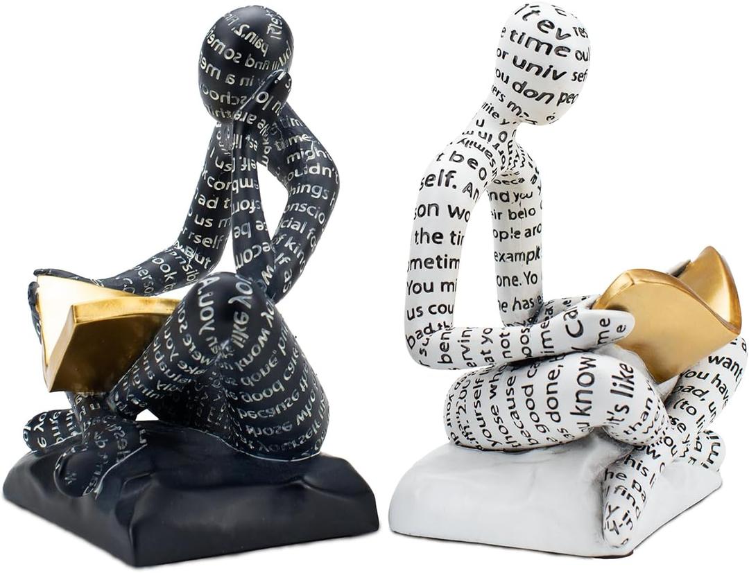 Bookends for Shelves, Decorative Book Ends, Heavy Duty Book Stoppers, Thinker Statue Decor, Modern Home Office Decoration Bookshelf Accessories (White & Black)