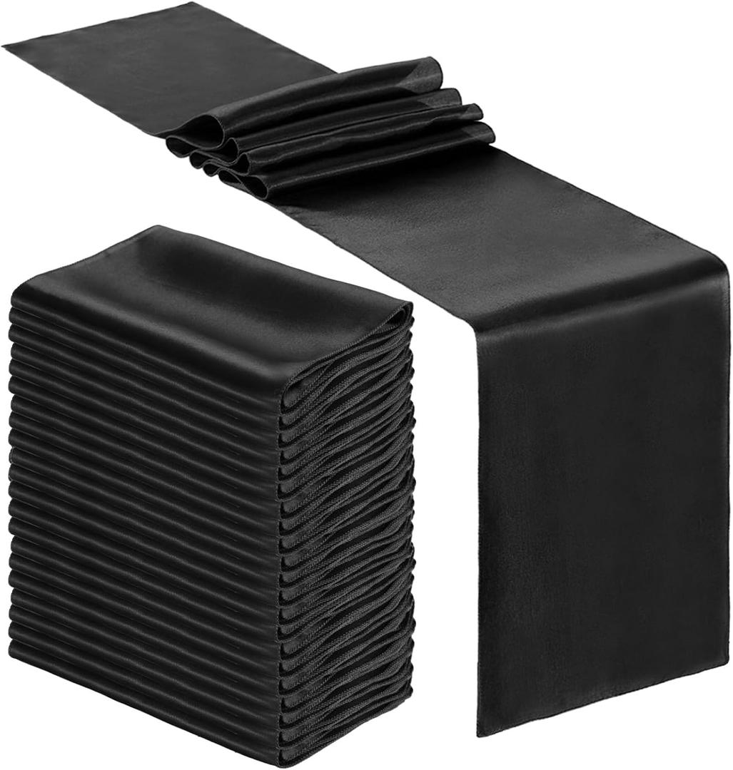 Bencailor 24 Pcs Satin Table Runner Bulk 12 x 108 Inches Long Table Runners Bright Smooth Fabric Tablecloth for Wedding Banquet Birthday Holiday Graduation Party Decorations, (Black)