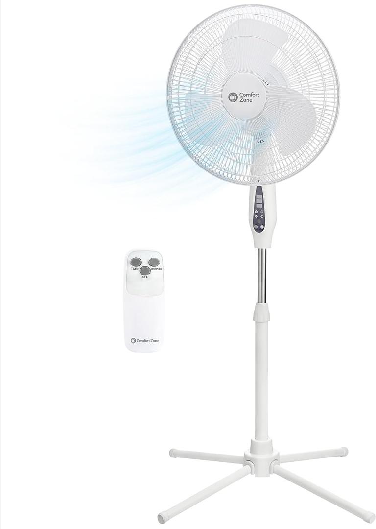 Comfort Zone 16-Inch Oscillating Pedestal Fan with Remote Control, 3-Speed High-Velocity Cooling, Adjustable Height & Tilt, Quad-Pod Folding Base, White ETL Listed