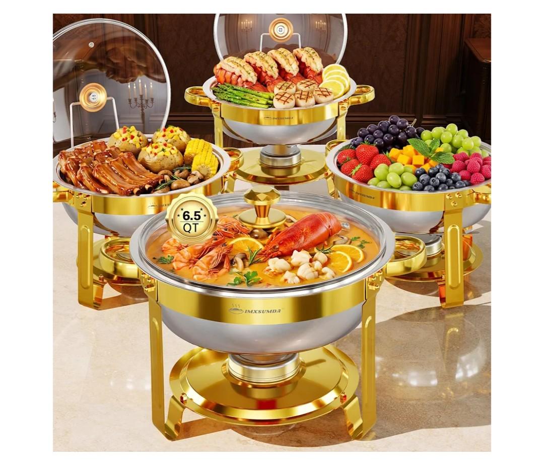Chafing Dishes for Buffet with Glass Lid, 6.5QT 4 Pack Round ,GoldLarge Capacity, Rolled-edge, Stainless Steel Buffet Servers and Warmers, Food Warmers for Parties, Weddings, Catering