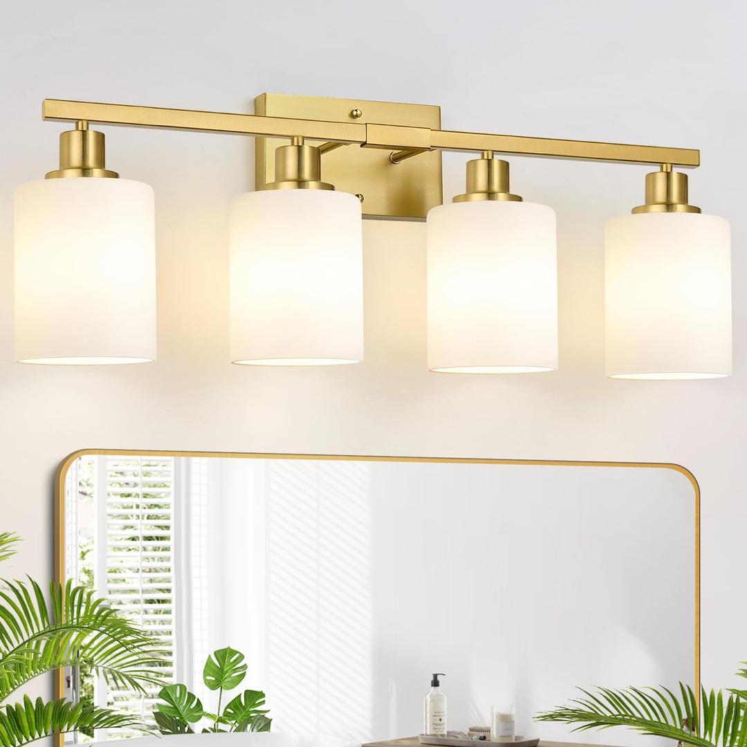 MOKATNG 4-Light Bathroom Light Fixtures, Brushed Gold Vanity Light with Milky White Shades, Bathroom Lighting Fixtures Over Mirror, Modern Bathroom Wall Lamp for Mirror Living Room Cabinet Bedroom