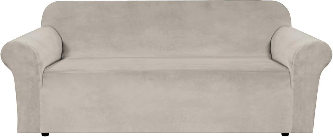 H.VERSAILTEX Stretch Velvet Sofa Covers for 3 Cushion Couch Covers Furniture Protector Soft with Non Slip Elastic Bottom, Crafted from Thick Comfy Rich Velour (Large Sofa 90"-97", French Oak)