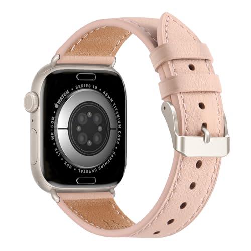 Bestig Leather Bands Compatible with Apple Watch Band 38mm 40mm 41mm 42mm(Series 10 11) for Women Men, Wristband Strap for iWatch SE3/2/1&Series 9 8 7 6 5 4 3 2 1(PinkSand+Starlight)