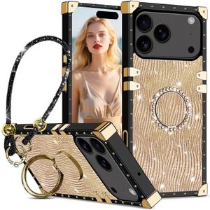 Fofvccv for iPhone 17 Pro Case Glitter Water Ripple with Ring Kickstand & Wrist Strap, Sparkly Luxury Bling Case for Women Girls Shockproof Protective Cover for iPhone 17 Pro  SBW Gold