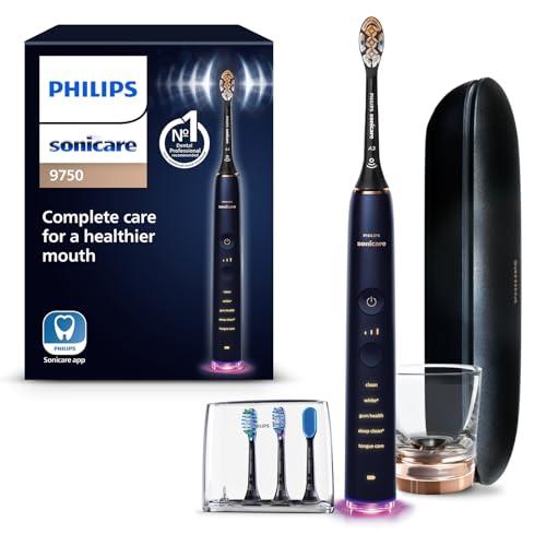Philips Sonicare DiamondClean Smart 9750 Electric Toothbrush, Sonic Toothbrush with App, Pressure Sensor, Brush Head Detection, 5 Brushing Modes and 3 Intensity Levels, Lunar Blue, Model HX9954/74