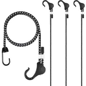 Bungee Cords with Hooks 48 inch Adjustable, 4-Piece, Heavy Duty for Outdoor Camping Pickup and Household, UV Resistant, Black and White Color