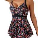 One Piece Swim Dress for Women Tummy Control Swimsuits V Neck Twist Front Swimdress Flowy Bathing Suit (X-Large, Black Red Floral)