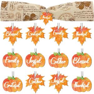 Skyley 24 Set Fall Napkins Thanksgiving Napkin Rings Fall Wooden Maple Leaf Pumpkin Napkin Rings Serviette Buckle with Rope for Thanksgiving Table Decorations Banquet Holiday Dinner Party