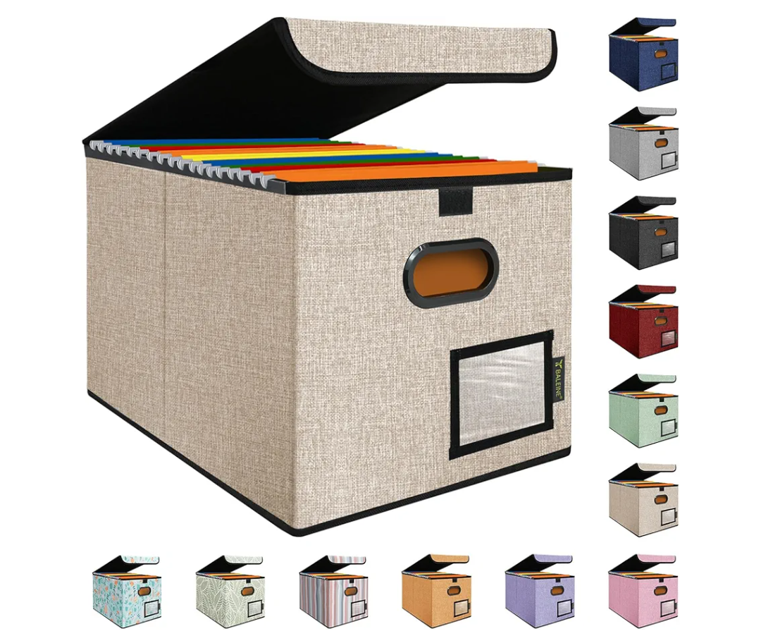 BALEINE File Organizer Box with Lid, Collapsible File Folder Organizer with Plastic Slide, Hanging File Folder Box for Office Document Storage (1 Pack, Beige)