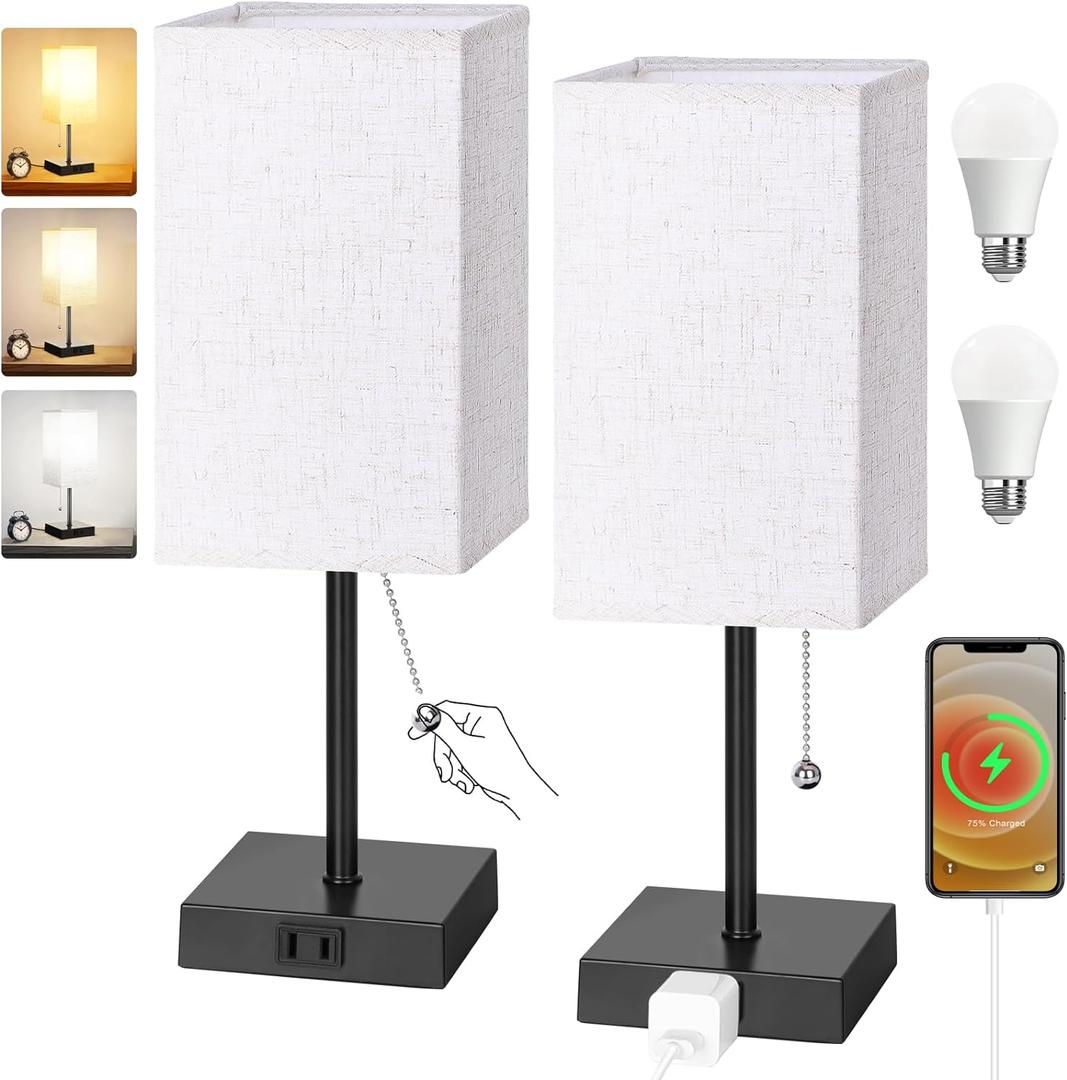 Table Lamp for Bedroom Set of 2, Bedside Lamps with 3 Color Temperatures Night Light, Lamp for Night Stands with AC Outlet and Square Shade, Pull Chain Small Desk Lamp for Living Room Home Decor (14 Inch)