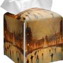 Grace Yonks Christmas Tissue Box Cover Square, Ice Skating Park at Night Design Cube Case for Facial Tissues, 5.2" PU Leather. (086)