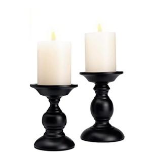 Black Pillar Candle Holders Set of 2 Vintage Candle Holder for Table Centerpiece & Fireplace Decor, Decorative Antique Candle Stand for Dining & Living Room Decoration