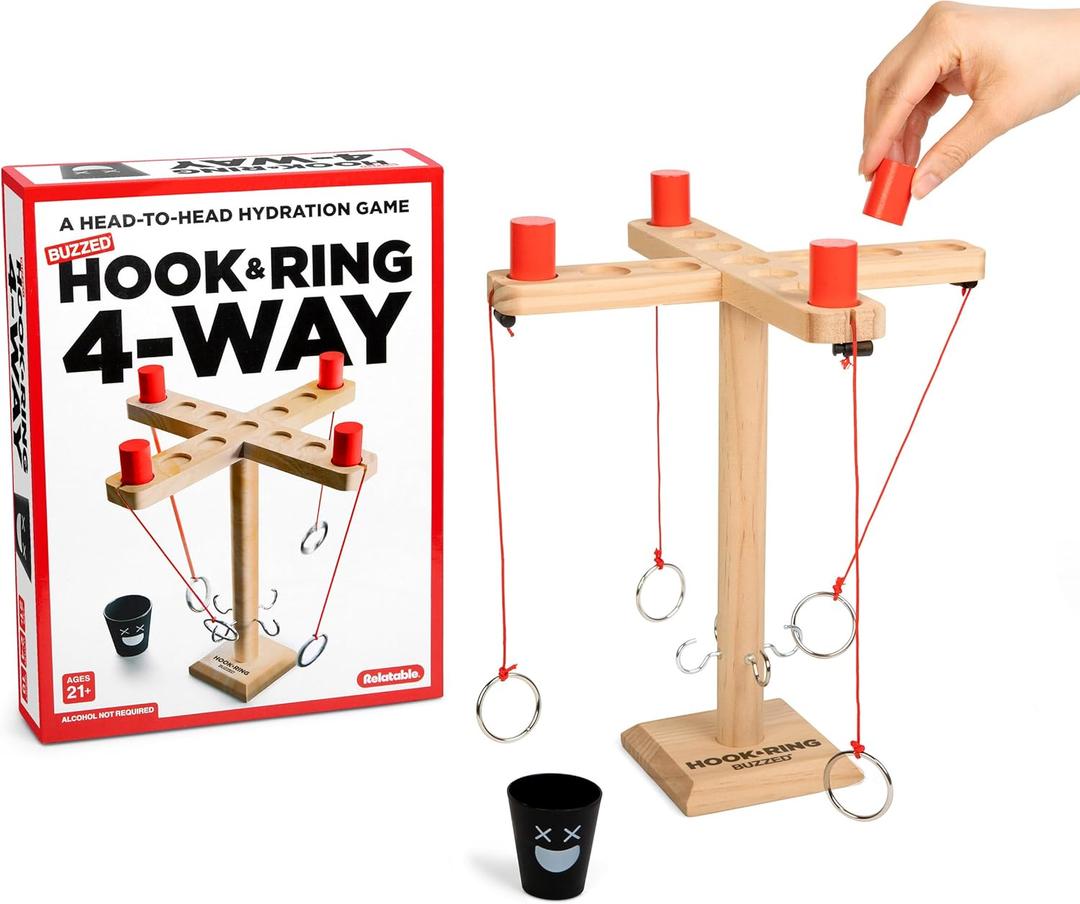Buzzed 4-Way Hook & Ring Drinking Game For Adults, Fun Adult Party Games or Social Drinking Games, Includes 1 Unit, 4 Pawns, 1 Cup, Perfect Stocking Stuffer For Adults or White Elephant Gifts