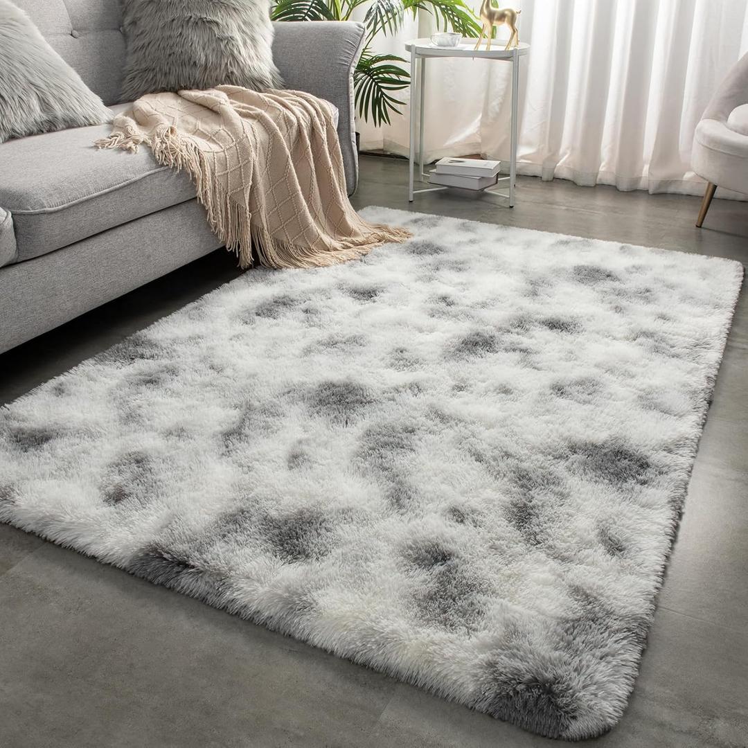Merelax 4'x6' Fluffy Soft Rugs for Bedroom Livingroom, Tie-Dyed White Grey Shaggy Area Rug, Abstract Bedside Rug Fuzzy Plush Carpet Comfy Nursery Rug for Kids Bedroom Dorm Indoor Home Decor Aesthetic