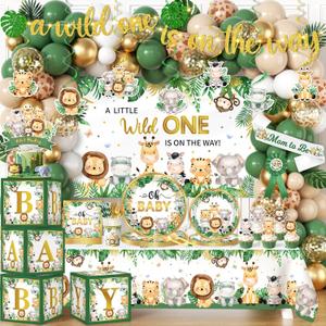 Safari Baby Shower Decorations,262pcs Wild Birthday Decorations Jungle Baby Shower Decorations Plates and Napkin Cups Backdrop Banner Tablecloth Balloons Garland Boxes, Serves 20