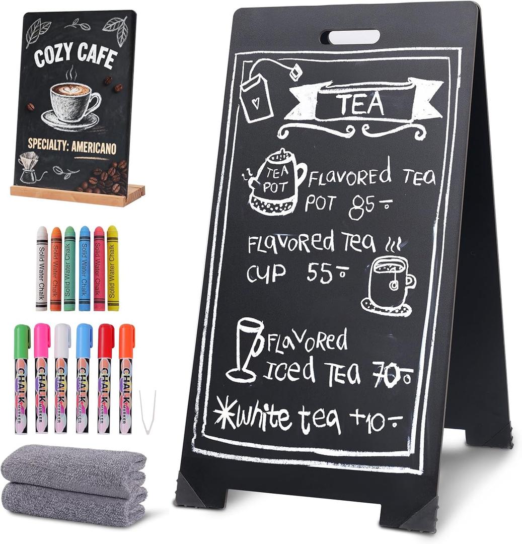 A-Frame Chalkboard Sign 16"x32" Double-Sided Sandwich Board with 8x12 Tabletop Chalkboard, Liquid & Regular Chalk Markers, Foldable Sidewalk Blackboard Menu Board for Business, Caf & Restaurant