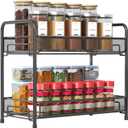 Spice Rack Organizer for Countertop,Xpatee 2-Tier Foldable Metal Rust-Proof Standing Large Seasoning Storage Shelf with Guardrail and Mesh Design for Kitchen Cabinet Bathroom Living Room Pantry, Black (Black-1 pack)