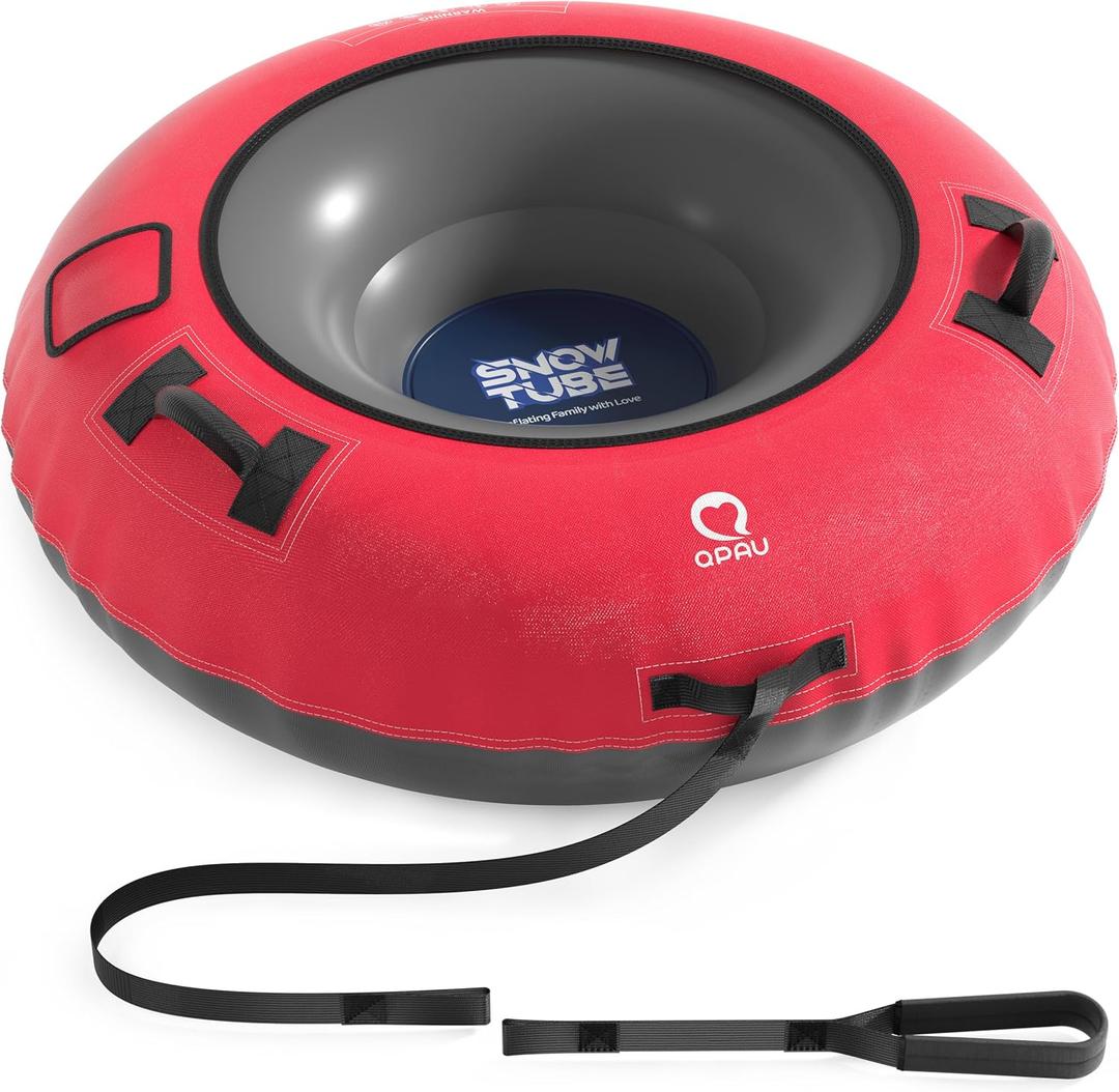 QPAU Snow Tube with Premium Canvas Cover for Kids and Adults, 48'' Inflatable Heavy Duty Snow Tube Made by Thickened Bottom, Sled Winter Outdoor Fun Toys for Children Boys Girls (Red)