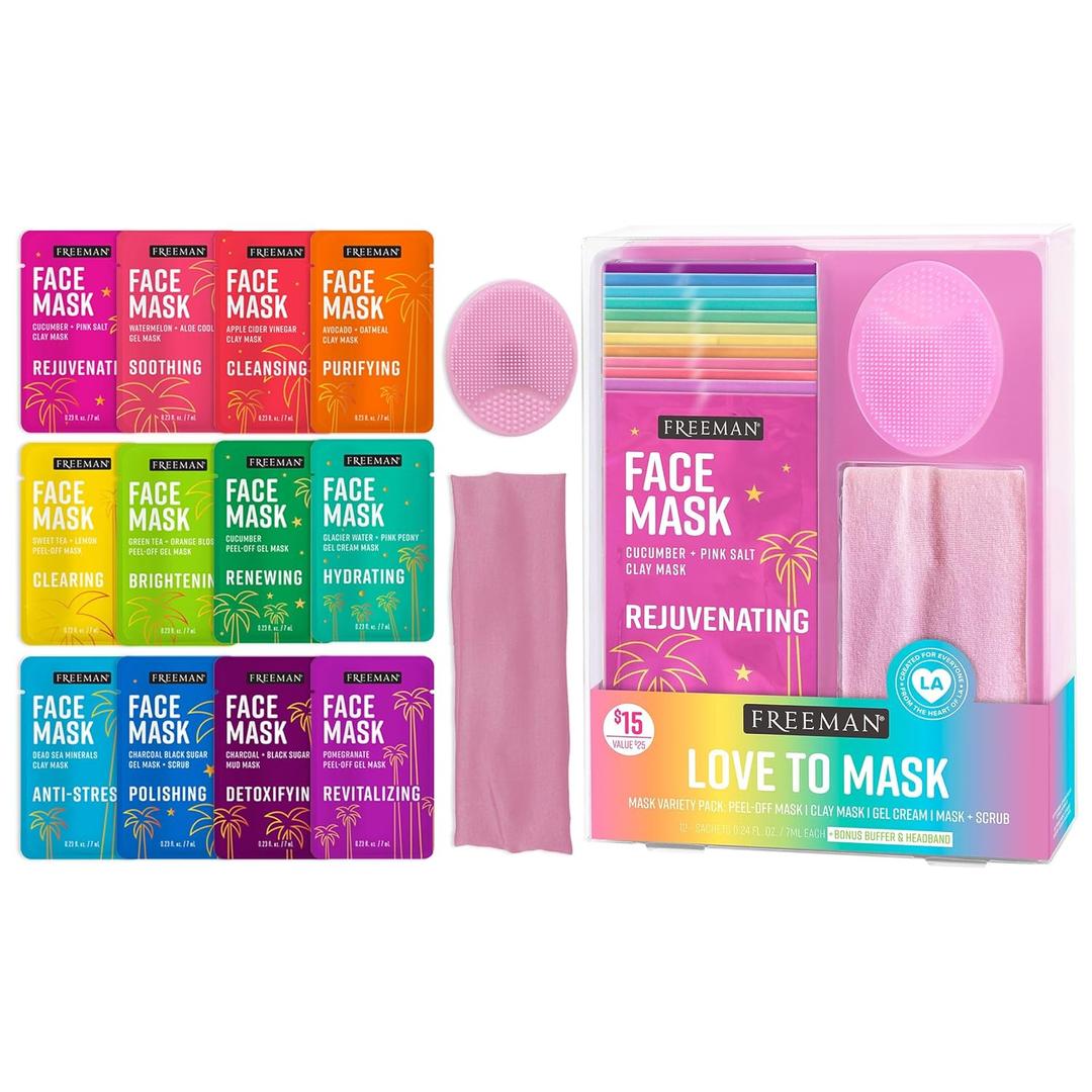 Freeman Facial Love To Mask Variety Pack: Oil Absorbing Clay, Detoxifying Charcoal, Clearing Peel Off, Hydrating Gel Cream, Exfoliating Scrub (14 Piece Kit with Bonus Buffer and Headband)