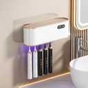 UV Toothbrush Sanitizer Holder for 4 | Wall Mounted Toothbrush Holder for Bathroom with Fan Drying | USB Rechargeable Toothbrush Cleaner & Sterilizer, No Drill Install, Modern Design (Black)