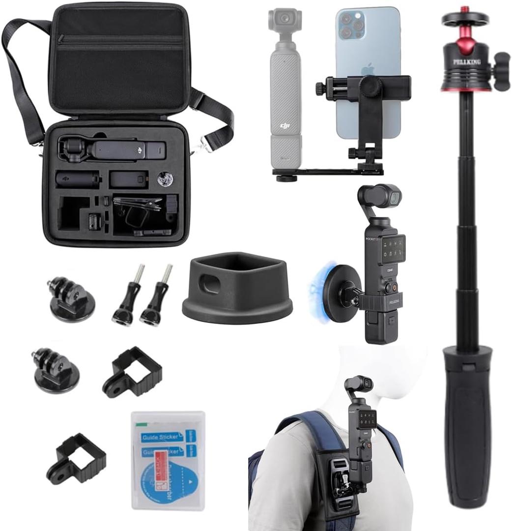 PellKing 7 in 1 Accessories Kit for OSMO Pocket 3, Including Hard Shell case, Magnetic Mount, Desktop Base Mount, 3 in 1 Selfie Stick, Mobile Phone Holder, Screen Protector, Backpack Clip, and Other