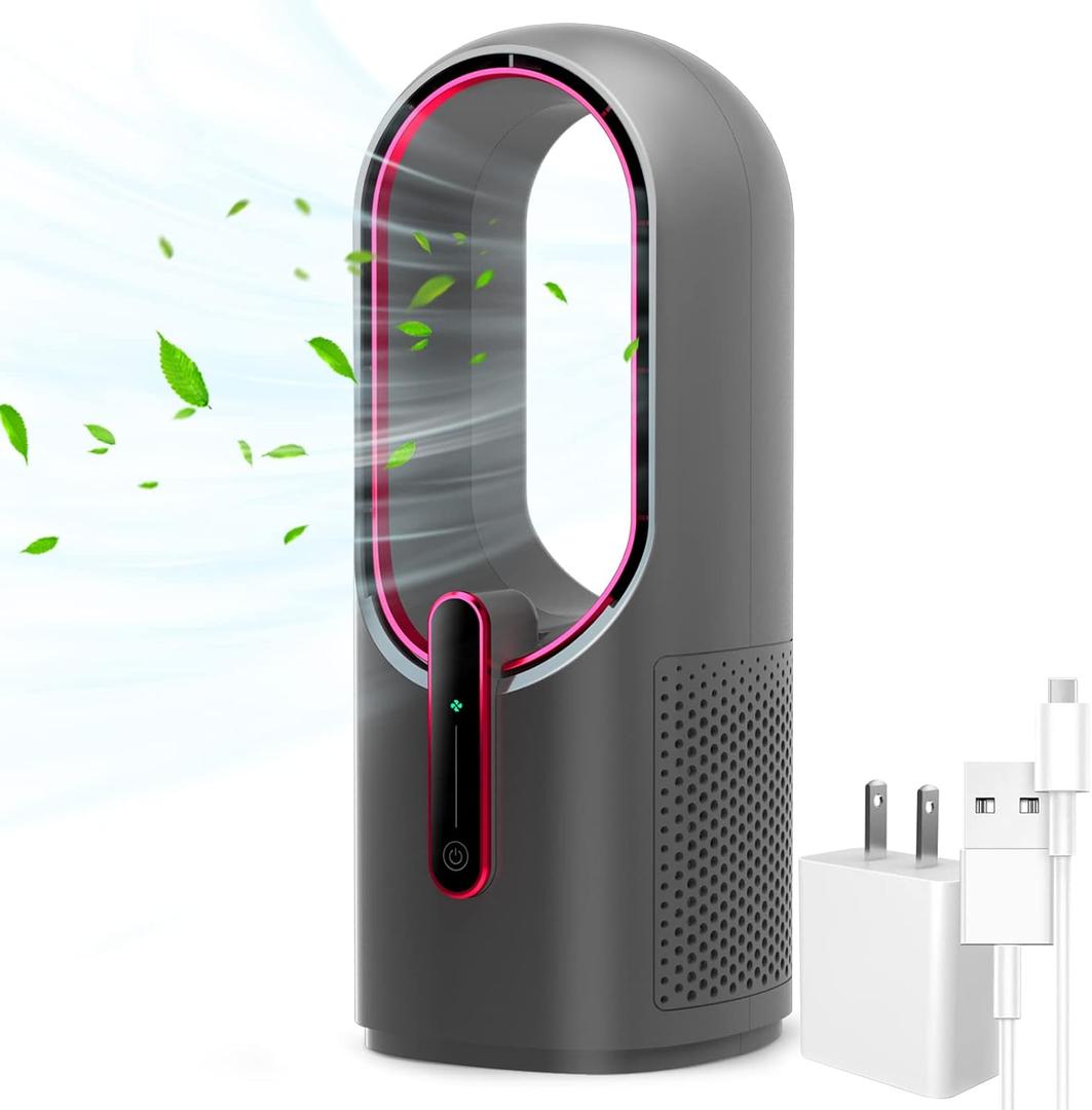 KONSIDEN Desk Fan Bladeless, 11.8 Inch Office Fan Small, Quiet, 3 Speed Adjustment, Touch Control, Easy to Clean, Desk Fans Small Quiet, Ideal for Office, Living Room, Bedroom (Gray/Dark Red)