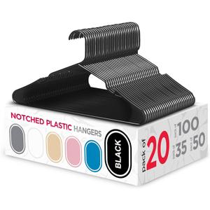Sharpty Plastic Hangers, 20-Pack, Slim, Space Saving, Heavy Duty, Notched, Durable, Smooth, Fabric-Friendly, Ideal for Clothing, Coats, Shirts, Ties, Belts, Accessories - Black