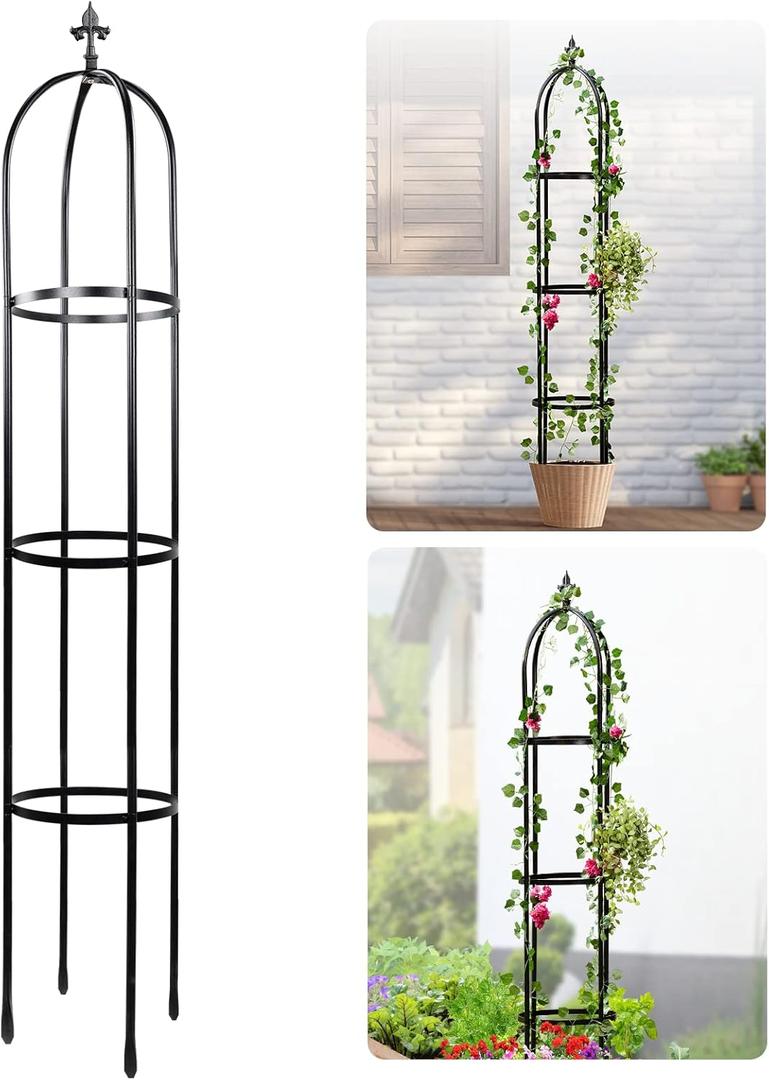 Idzo 100% Metal Obelisk Trellis for Climbing Plants Outdoor 6ft - 72in, Heavy Duty Black Garden Trellis for Climbing Vine with Stone-Look Finish, 1pc