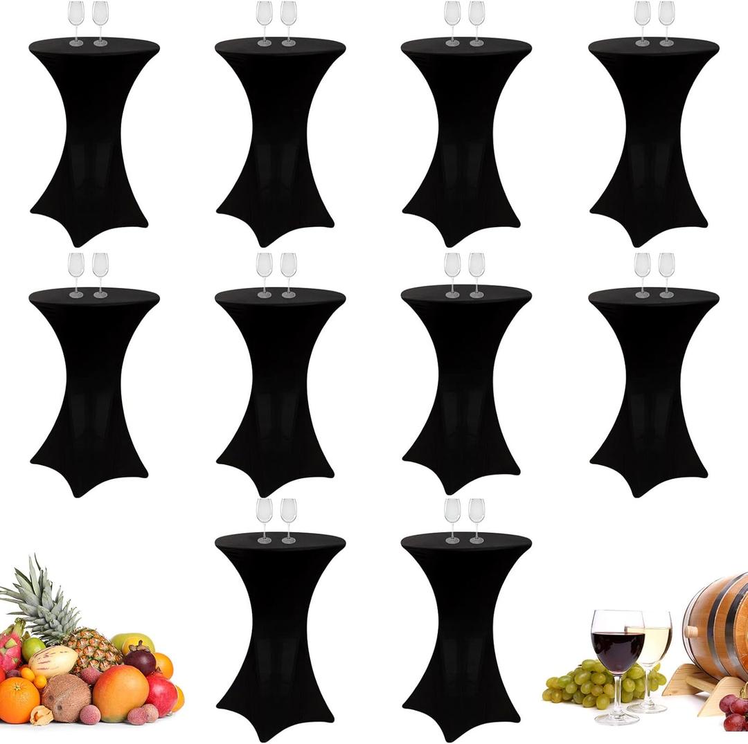 10 Pack Spandex Cocktail Table Cover Bulk 24 x 43 Inch Round High Table Stretch Bistro Tablecloths for Wedding Bar Banquet Graduation Day Party (Black)
