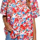 MASCOMODA Womens Tops Summer Boho Floral Short Sleeve Button Down Shirts Crewneck Loose Vacation Dressy Casual Work Blouses (S)