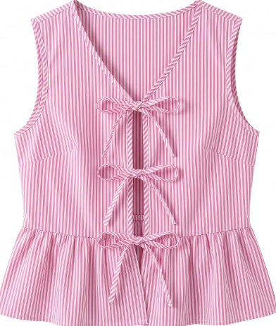 Avanova Women Tie Front Tank Tops Striped Peplum Blouse Pink, Large