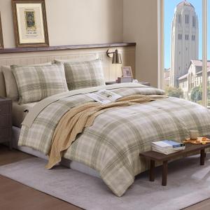Twin XL Comforter Set, Khaki Green Plaid Bedding Set 5 Piece for Boys Girls Teen, Classic Homestead-Style Kids Comforter Set Bed in A Bag with Sheets, Pillowcase & Sham