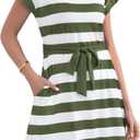 Women's Summer Dresses 2025 Striped Cap Sleeve T Shirt Crewneck Casual Dress A Line Tie Waist with Pockets (Medium, Army Green and White Striped)