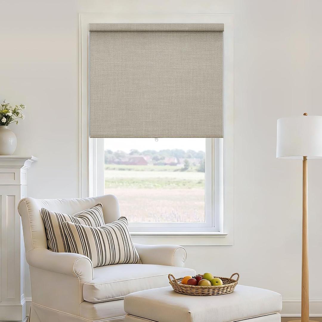 100% Blackout Roller Shades Cordless Blinds for Windows, Free-Stop Shades with Valance, Thermal Insulated Linen Fabric UV Protection Natural Beige Blinds for Home Office Oatmeal 33.5" W x 72" H