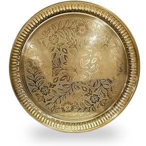 Craftsman 10 Inch Pure Brass Floral Design Pooja Aarti Thali Plate for Mandir, Temple, Indian Festival, Diwali, Aarti Platter for Prayer, Wedding Gift