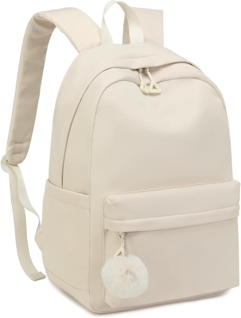 Girls Backpack, Middle School Back Pack for Teen Girls Cute Bookbag College Backpack for Women, Preppy Schoolbag for Elementary High School, Beige (15.6 In)