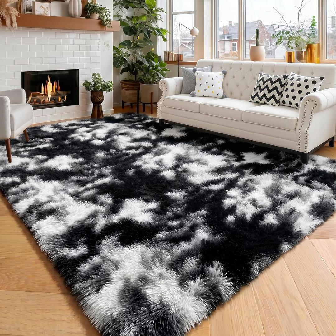 Amdrebio Black White Grey Cool Area Rugs for Bedroom Living Room, Fluffy Modern Furry Rugs for Kids Room Decor, Plush Shaggy Throw Rug 4x6 for Men Teen Boy, Aesthetic Floor Carpet for Dorm Home Office