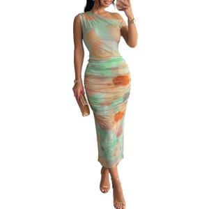 CHICME Midi Dresses for Women One Shoulder Mesh Summer Dress | Cocktail Dresses for Women, Tie-dye Ruched Mesh Bodycon Dress for Wedding Guest, Vacation, Beach, Party, Night Out