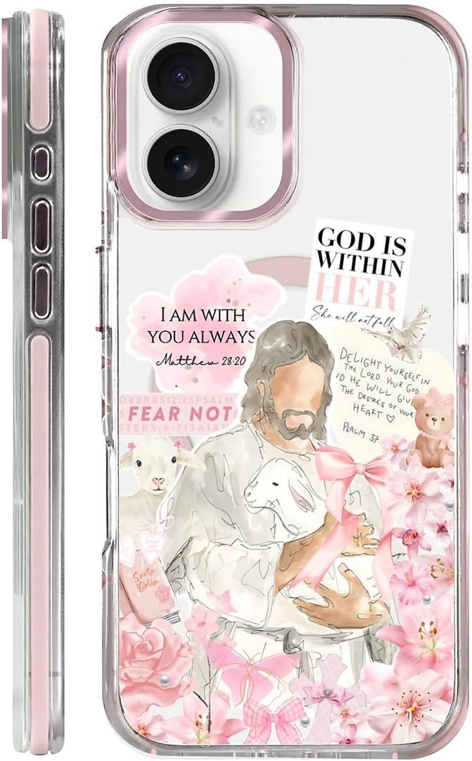 Clear Case for iPhone 16 Plus, [Magnetic Charging Compatible][Military-Grade Protection][Anti-Yellowing] Shockproof Slim Magnetic Phone Case for iPhone 16 Plus, A Pink Jesus