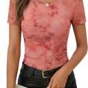 ZESICA Women's Floral Mesh Sheer Short Sleeve Tops 2026 Summer Business Casual Shirts Spring Fashion Clothes (Pink, L)