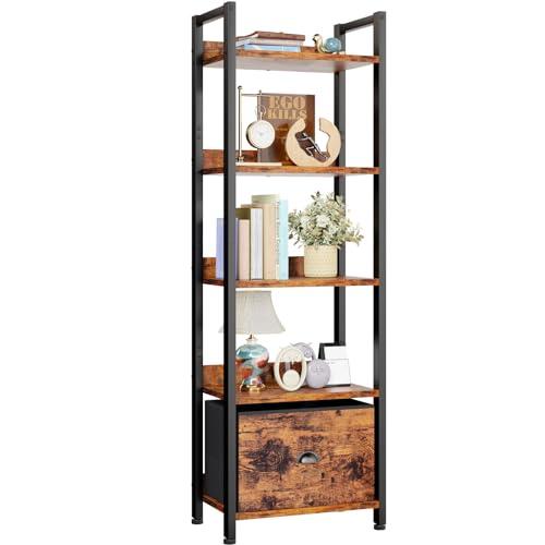 Amazon.com: Furologee 5 Tier Bookshelf with Drawer, Tall Narrow Bookcase with Shelves, Wood and Metal Bookshelves Storage Organizer, Industrial Display Standing Shelf Unit for Bedroom, Living Room, Rustic Brown : Home & Kitchen