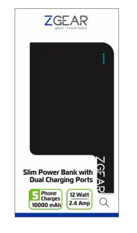 ZGear 10000 mAh Slim Dual Charging Port Power Bank - Black