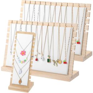 3 Pcs Necklace Display Stands for Selling, Bamboo Necklace Holder with PU Leather Panel Beige Multi-Tiered Jewelry Display Storage Set for Vendors and Home (11.8x7.9x3.3 Inch/10.6x3.9x3.7 Inch)