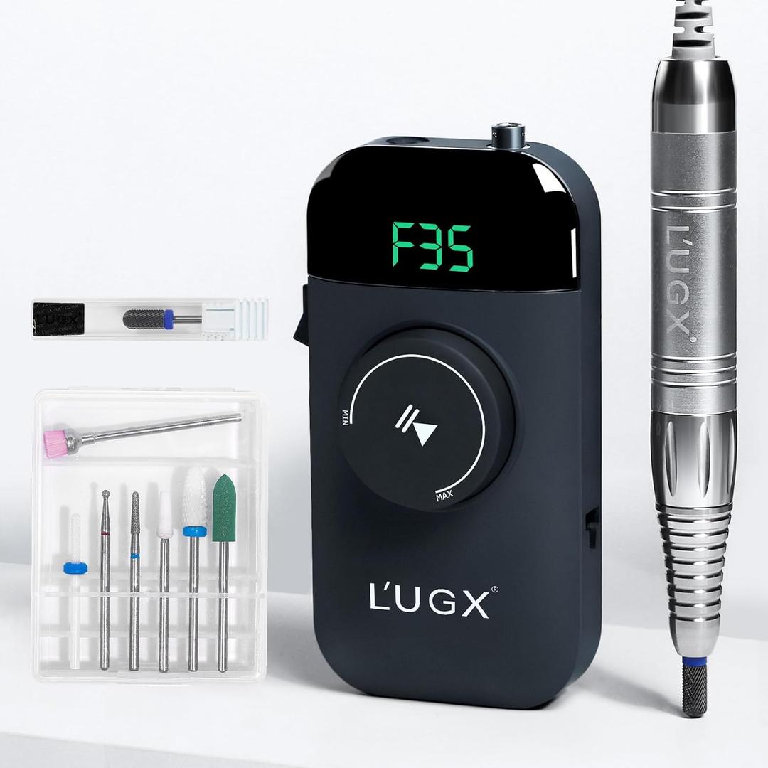 L'UGX Nail Drill 35000RPM Professional Brushless Electric Machine, Rechargeable Cordless Efile for Acrylic Gel Nails, 8Pcs Bits, Low Noise Vibration Black