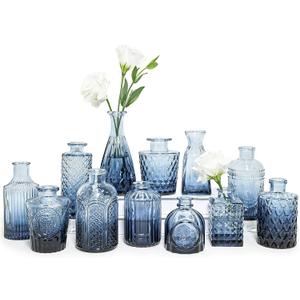 Glass Bud Vase Set of 12, Small Blue Flower Vases for Centerpieces in Bulk, Mini Vintage Vase for Wedding, Home,Table Decoration